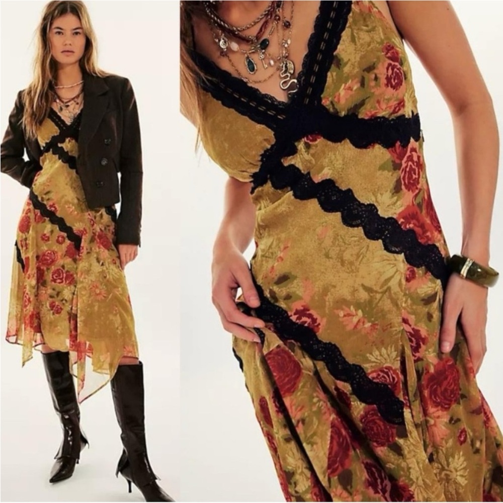 SOLD  Free People Amphora Chiffon Midi Dress Golden Combo Size 0